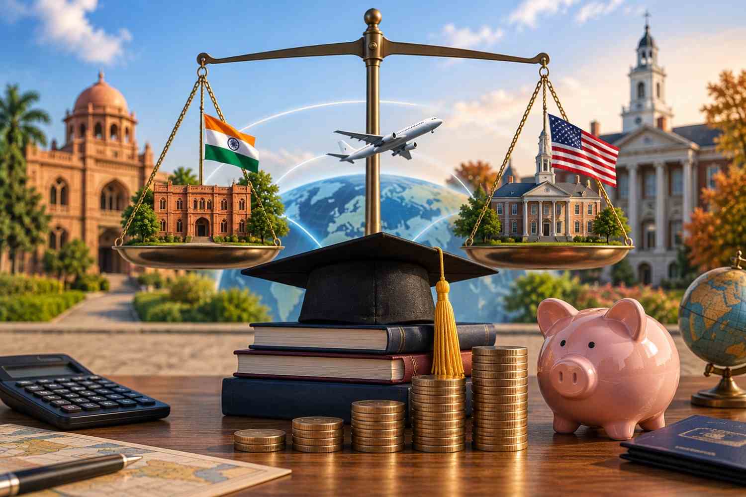 Graduation cap and books beside stacked coins and a piggy bank, with Indian and U.S. campuses balanced on a scale, symbolizing the cost of an integrated dual-degree program.
